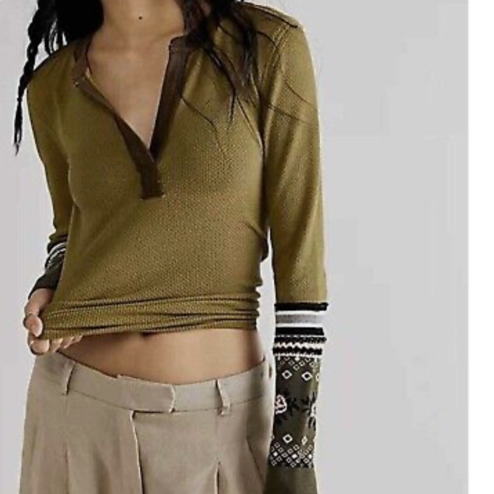 Free People Olive and Brown Patterned Long Sleeve Top - Picture 2 of 12